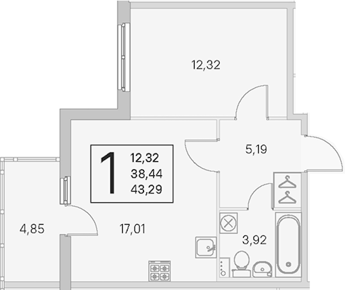 1-комнатная квартира 38.44 м², 1/4 эт., ЖК «Любоград в Стрельне»
